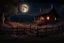 Placeholder: Dry trees, night, full moon, cabin, yard with flowers, fence, photo hd