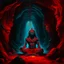 Placeholder: An oil painting of Hindu god YAMA in a cave, neon red colors, high detail, dark vibe