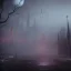 Placeholder: hyper realistic Bloodborne cityscape with dark entity looming in the fog