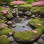 Placeholder: Round pond with lots of water, moss-covered stones all around and the water has a delicate pink shimmer, a few delicate pink flowers on the stones and a small waterfall