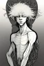 Placeholder: albino young male wizard with third arm extra eyes tendril hair in the style of aubrey beardsley