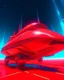 Placeholder: low view angle shot down from upper left front and showing the full vehicle, a RETROFUTURISTIC HOVERING CRAFT OF ALIEN ORIGIN, a beautiful look up modern is decorated with red abstract SKYLINE, all red background, , vray, raytracing