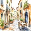 Placeholder: A cozy charming depiction of a typical Italian street with cobblestone paths, outdoor cafes, and vintage architecture, watercolor illustration with coffee, and croissants, 2D drawing, in white background