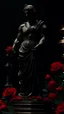 Placeholder: The statue of justice is filled with blood, carrying a scale full of red roses, and poppy flowers grow from underneath it and climb the statue. Dark garden background cinematic.9:16