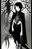 Placeholder: 7 year old boy, necromancer, friendly, looks dead,with a long lamprey emerging from his belly , wearing black robes, in the style of Harry Clarke