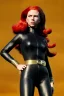 Placeholder: retro portrait image from 1960, sky background, wind, long red hair, fighting stance, sweet young Scarlett Johansson, black dress, classic long tight lycra black suit, gold bracelet and belt, high heel boots, superhero style, soft color, highly detailed, unreal engine 5, ray tracing, RTX, lumen lighting, ultra detail, volumetric lighting, 3d, finely drawn, high definition, high resolution.