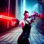 Placeholder: girl pointing gun, metal skin, neon eyes, red lips, on her keen, menacing, cyberpunk city in background, hyper realistic