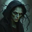 Placeholder: The witch, Lorissa Nightshade, appears—a gaunt, pale woman with hollow eyes and wreathed in shadowy tendrils. Grimdark realistic