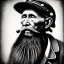 Placeholder: pencil Black and white Portrait of old fishermen sitting on a chair ,long beard, tobacco pipe,wearing a captian hat, fantasy 8k by Van Gogh