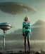 Placeholder: Ultra Realistic retro sci-fi 1960 scene, waist up view portrait, blonde woman, sweet young Marilyn Monroe face, perfect iris, tight latex coat, alien planet background, tight style, steel sphere dron levitating, fog, rain, soft color, highly detailed, unreal engine 5, ray tracing, RTX, lumen lighting, ultra detail, volumetric lighting, 3d, finely drawn, high definition, high resolution.