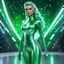 Placeholder: Focus on the standing figure of a green galactic female alien, her skin shimmering with iridescent green. Her eyes, large and multifaceted like precious gemstones, sparkle with a mischievous glint. Clad in a sleek silver suit that hugs her curvy form. The suit seems to be woven from strands of liquid mercury ends with silver boots, reflecting the ambient light in dazzling patterns that dance across its surface. she stands in her sophisticated spaceship.