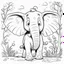 Placeholder: cartoon illustration, coloring book page, happy elephant, nature, black and white, clean