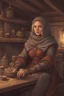 Placeholder: DnD style, medieval woman dressed in warm winter clothes sitting in a tavern