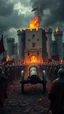 Placeholder: A canon leading an old army toward a big castle whose was is set on fire in a bloody war at scene