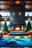 Placeholder: 4k, christmas, snow falling outside, living room, modern house, large, fireplace, christms tree, colorful