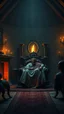 Placeholder: Create an image of a king sleeping on his throne in an old house with a fireplace and strange runes in side a temple with dim light of fire torch on the wall in the background