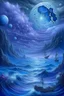 Placeholder: raging sea, blue-white, airy, wind, clouds of smoke, epic, fabulous landscape,3D,horror, 16k,surrealism,detailed drawing of details, transparent watercolor, clear outline, starfall, beautiful night landscape, dark fantasy, blue, white, lilac, neon, detailed, engraving, color illustration, star map, moon, stars, space