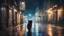 Placeholder: Night in a wet street of a city with lights, a cat far away stands and looks to pass by