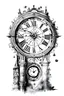 Placeholder: A drawing in modern realism of the astronomical clock black ink on white background