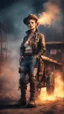 Placeholder: postcard portrait from cyberpunk fallout 4 tower top of cowboy midget whiff of smoke from flame thrower sexy cowboy old boots by rail road wagon, picking up body, in spotlight, magazine cover illustration with spray paint, signed, bokeh like, down-light, unreal engine, prize winning