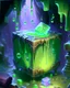 Placeholder: a slimy dripping gelatinous cube in vast dungeon cave room with treasure chests rpg art painterly