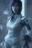 Placeholder: Beautiful Motoko Kusanagi, raining, nostalgic, cold, dark blue, gloomy, heavy fog, 8k photorealistic, cinematic lighting, high details, dramatic, atmosphereric