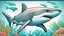 Placeholder: comic style, realistic coloring, underwater, coral reef, shark