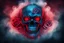 Placeholder: 2D image of abstract red skull symbol tattoo with rose element, blue and red tone light, motions fog smoke on dark cinematic background