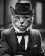 Placeholder: Retro black and white photograph, vintage style, featuring a suave cat wearing a tailored suit and fedora hat, inspired by 1930s gangster fashion. Shot on film with grainy texture and sepia tones, captured by photographer Elliot Erwitt or Henri Cartier-Bresson.