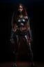 Placeholder: Fit slim warrior woman with abs and freckles and long hair and dark skin, wearing plate armor, full body, fantasy background