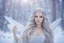 Placeholder: very beautiful fairy women with long hair, little smile, with cosmic silver metallic suite and brightly earings. in the background there is a bautiful little magic forest with snow and sky with stars and light beam