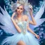 Placeholder: Fantasy fairy with transparent wings, smiling, make up, long platinum blond hair with crown and flowers, blue dress, flower background