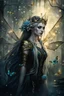 Placeholder: Blonde gold hair , dark gold ,dark Fairy wings,long hair,water lilies,dark fairy princess,nymph,elven crown,dragonflies,tiara,,gothic,glitter,rapunzel hair, very long hair, sparkle,night,