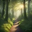 Placeholder: Stunning cinematic 3D rendering of forest at dawn, revealing a captivating blend of enchantment and mystery. Forest path lined with dense green leafed trees. The morning sun casts its soft glow over the scene, illuminating the path. The intricate textures and lighting give the image a sense of depth and realism, drawing the viewer into the magical world and creating an immersive experience