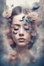 Placeholder: Double exposure, girl with closed eyes, large false eyelashes, Flowers, Double exposure, intricate details, city, birds