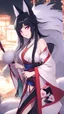 Placeholder: A close hot picture of Ahri with black hair and Japanese Clothes and nine White fox tail with neon glowing in fantasy world