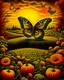 Placeholder: Autumn Garden with butterfly and dew drops at sunset, T-shirt Art, Black background, Art by John Wilhelm, Robert Williams, Todd Schorr, Alex Alemany