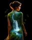 Placeholder: Digital art | Woman with a landscape painted on her back | Deep black background | Full-body portrait, graceful pose | Ethereal, glowing lighting | cascading waterfall; lush greenery; dreamlike harmon