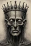Placeholder: The face of an old men king with a crown, a thin line draw ، front view camera, decayed and rotting with grotesque proportions and imagery. surreal horror, biomechanical design, by hr giger and beksinski , fine lines draw