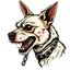 Placeholder: left facing head of angry Terrier dog with blood shot eyes and bloodied teeth, a ball chain collar around neck, a chain leash attached to collar, vector