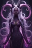 Placeholder: absurdres, ((high-resolution)), ultra detailed, vivid colors, abyssal goddess, dark skin, horns, white hair, ((medium hair:1.2)), (sidelocks:1.3), purple eyes, disheveled hair, long sleeves, fril gothic dress, purple and pink outfit, abyssal, darkness, tentacles, fractal, psychedelic, Whimsical