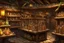 Placeholder: inside of a medieval shop, wooden walls, log pillars, stone bar with shop keeper behind it, magical ingredients on display and weapons on display. people, elves, goblins, orcs, dwarves and lizard folk in room. low lighting and creatures in containers. shelves half empty