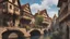 Placeholder: medieval buildings, balconies overhanging a river, blue sky and people, photorealism, trees, foliage, piers,