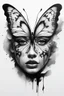 Placeholder: A realistic drawing in negative space black ink on white background of a beautiful butterfly with abstract brushstrokes face tattoos to enhance her face max enrist
