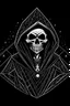 Placeholder: tim burton skeleton in a black hooded cloak drawn in a retro mascot style, inside a diamond shape on a black background, monochromatic