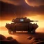 Placeholder: volumetric dramatic desert Battle scene with futuristic hovering military armored Hovercraft tank painted by chris foss, Laser turret, floating, 4k, 8k, Minutiae, highly detailed, rivets, hovering, stripes, sunset [duststorm, nimbus clouds]