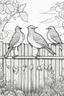 Placeholder: coloring page, birds on a fence, cartoon style, thick lines, low detail, no shading