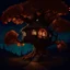 Placeholder: a whimsical, tree-house style dwelling nestled within the twisting branches of a large, autumn-hued tree. The curved stone structure has warm, glowing windows and a blue door, giving it an inviting, cozy appearance against the deep teal night sky. The golden leaves filter the moonlight, creating an enchanting, storybook atmosphere.