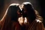 Placeholder: virgin girls and Jesus Christ flirtatiously kissing picture, rich in detail. They were loosely dressed. They are very much in love with Jesus On the edge of the abyss, where the eternal abyss is and everything is embraced around them by beings of light. There are also ape-men and big black shadows with hoods and stoles. 4K Blurred image of Jesus with a monkey head