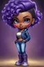 Placeholder: create an airbrush illustration of a chibi cartoon voluptuous black female wearing a blue jean outfit with biker boots. Prominent make up with hazel eyes. Extremely highly detail of a very low purple pixie haircut. Background of a bike show.